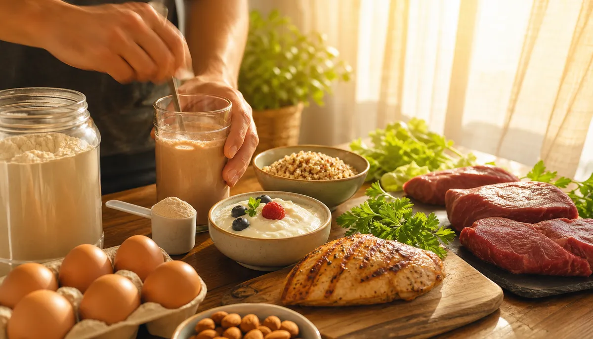 Shake proteic Herbalife Formula 1 preparat proaspăt lângă alimente bogate în proteine