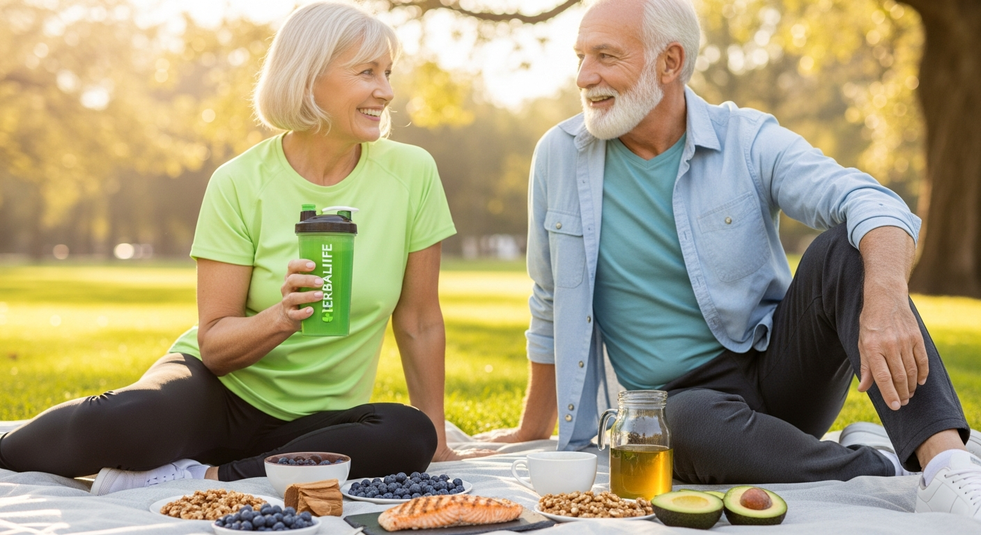 Cuplu activ în parc cu shake Herbalife, alimente pentru longevitate: somon, fructe de pădure, nuci și ceai verde