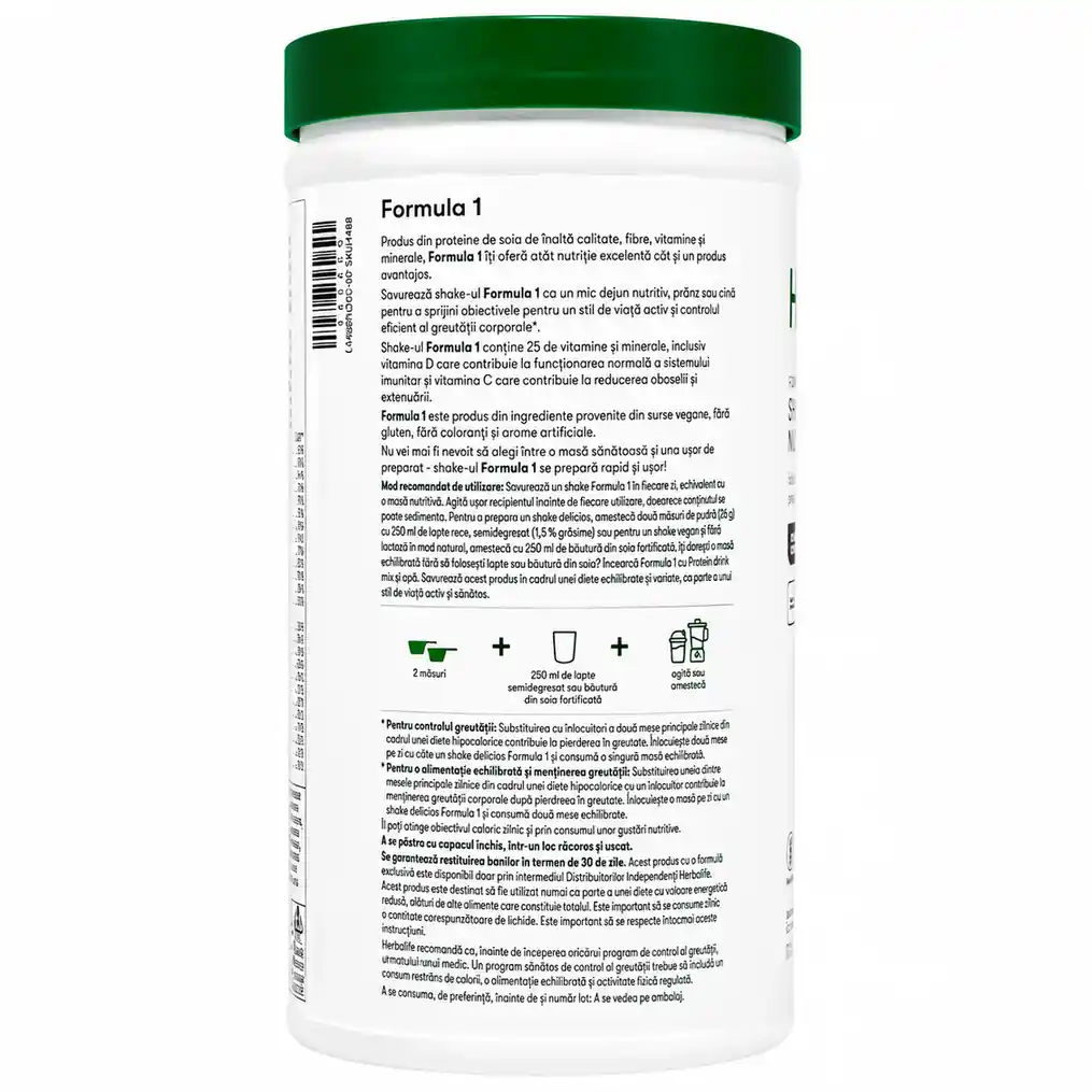 Formula 1 Herbalife Ciocolata Fina 550g - verso ambalaj cu mod de preparare si informatii despre produs