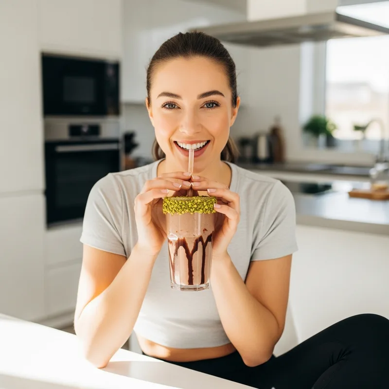 Persoana savurand un shake Formula 1 Herbalife Ciocolata in Stil Dubai preparat