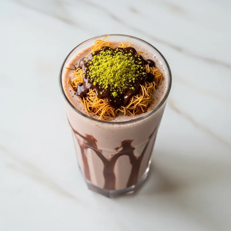 Formula 1 Herbalife Ciocolata in Stil Dubai preparat - shake de ciocolata cu topping de fistic intr-un pahar, produs Herbalife Nutrition