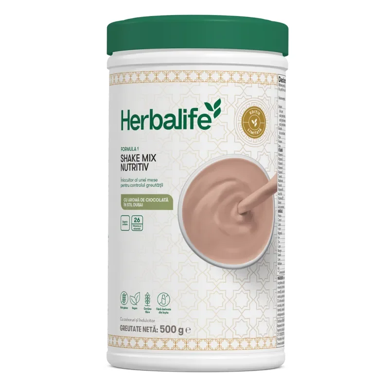 Formula 1 Herbalife Ciocolată în Stil Dubai 500g - Shake Nutritiv Ediție Limitată cu note de fistic, cutie produs original Herbalife Nutrition