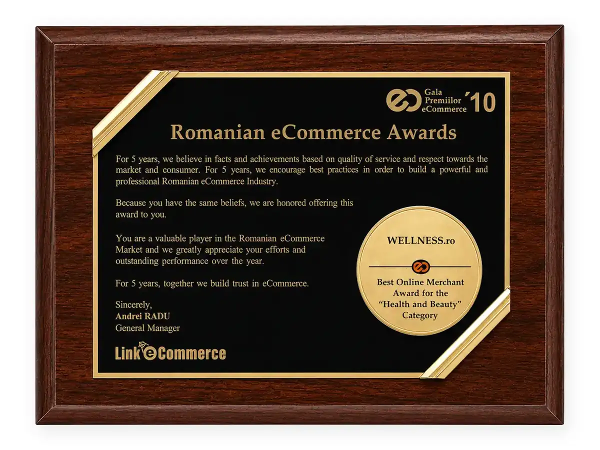 Diploma Gala Premiilor eCommerce 2010 - Wellness.ro, Best Online Merchant, categoria Health and Beauty