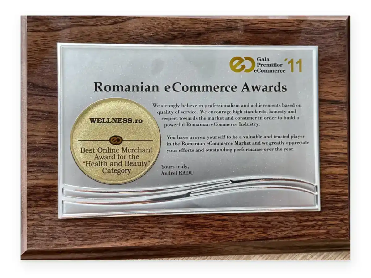 Diploma Gala Premiilor eCommerce 2011 - Wellness.ro, Best Online Merchant, categoria Health and Beauty