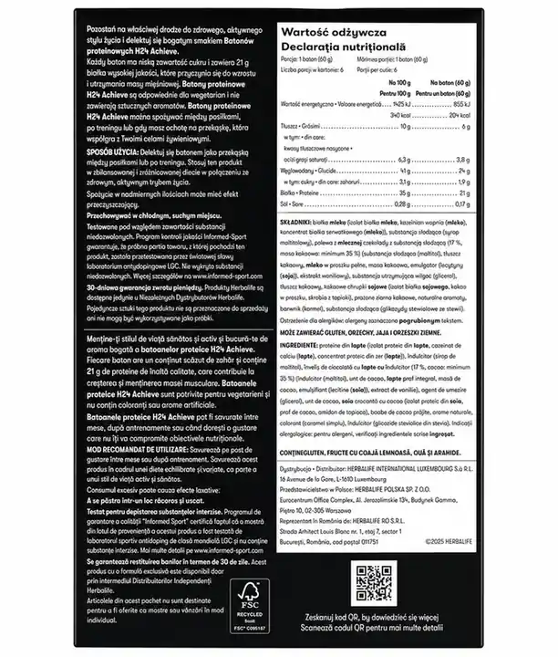 Herbalife24 Achieve Batoane Proteice Fursecuri cu Ciocolata - declaratie nutritionala, ingrediente si valori nutritionale (verso ambalaj)